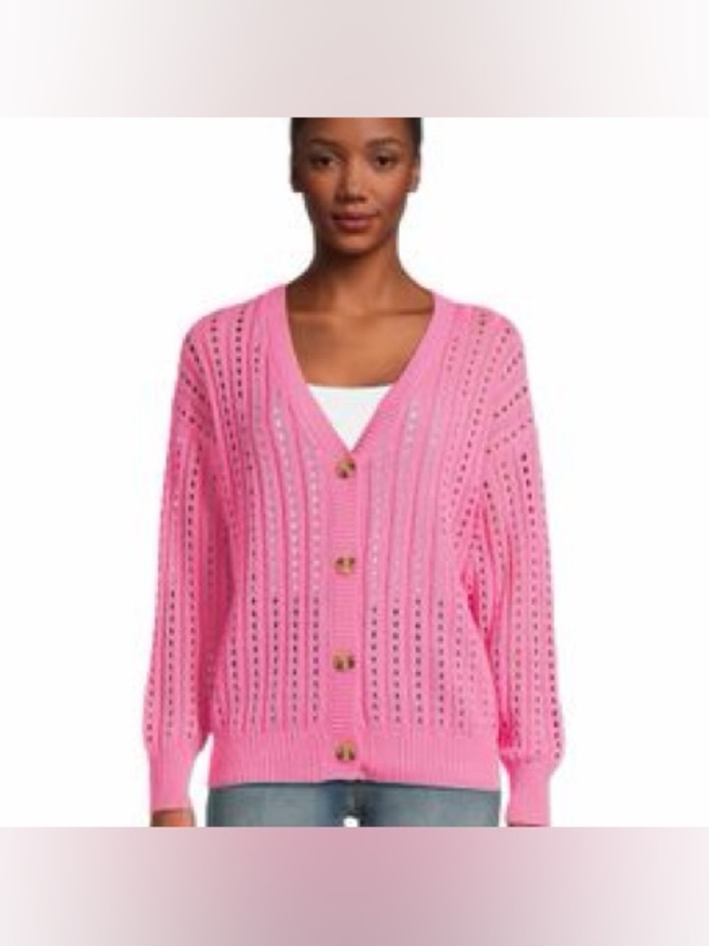 Time and Tru Pink Open-Knit Button Front Cardigan
